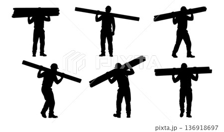 Black Solid Worker Carrying Lumber Silhouettes Set of Six on White Background 136918697