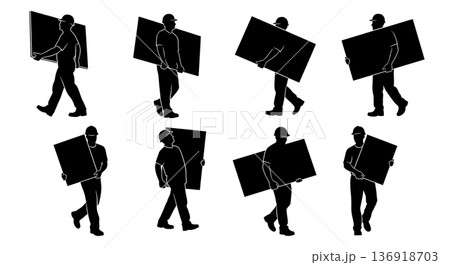 Black Solid Worker Carrying Drywall Silhouettes Set of Six on White Background Black Solid Worker Carrying Drywall Silhouettes Set of Six on White Background 136918703
