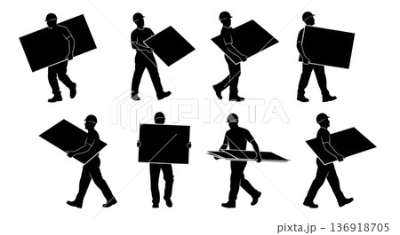 Black Solid Worker Carrying Drywall Silhouettes Set of Six on White Background Black Solid Worker Carrying Drywall Silhouettes Set of Six on White Background 136918705