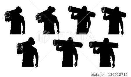 Black Solid Worker Carrying Carpet Silhouettes Set of Six on White Background Black Solid Worker Carrying Carpet Silhouettes Set of Six on White Background 136918713
