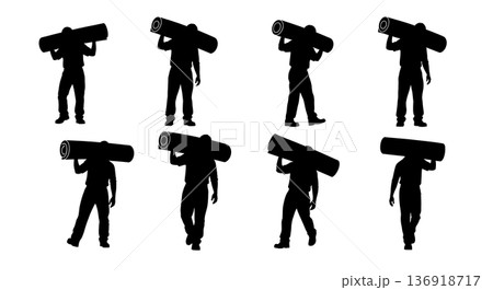 Black Solid Worker Carrying Carpet Silhouettes Set of Six on White Background 136918717