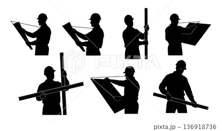Black Solid Worker Architect Ruler Silhouettes Set of Six on White Background 136918736