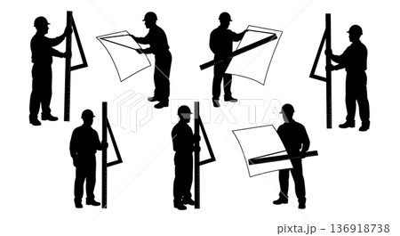 Black Solid Worker Architect Ruler Silhouettes Set of Six on White Background 136918738