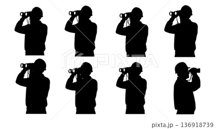 Black Solid Worker Binoculars Silhouettes Set of Six on White Background 136918739