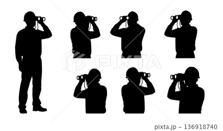 Black Solid Worker Binoculars Silhouettes Set of Six on White Background Black Solid Worker Binoculars Silhouettes Set of Six on White Background 136918740