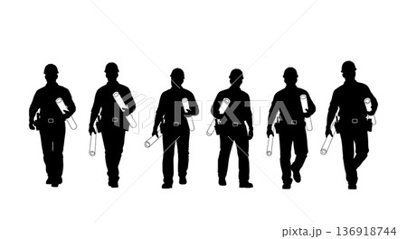 Black Solid Worker Blueprint Under Arm Silhouettes Set of Six on White Background 136918744