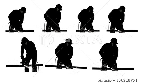 Black Solid Worker Angle Grinder Silhouettes Set of Six on White Background 136918751
