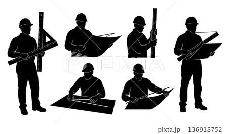 Black Solid Worker Architect Ruler Silhouettes Set of Six on White Background 136918752