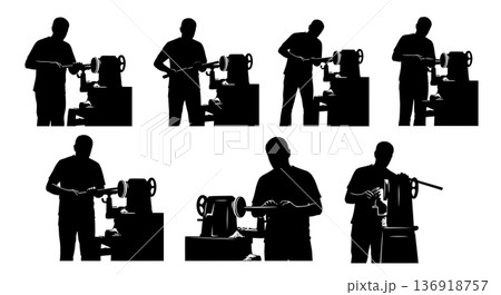 Black Solid Woodworker Lathe Turning Silhouettes Set of Six on White Background Black Solid Woodworker Lathe Turning Silhouettes Set of Six on White Background 136918757