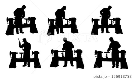 Black Solid Woodworker Lathe Turning Silhouettes Set of Six on White Background Black Solid Woodworker Lathe Turning Silhouettes Set of Six on White Background 136918758