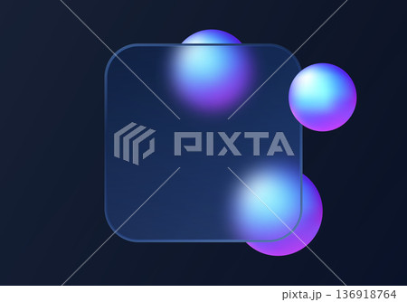 Deep navy abstract background with translucent rounded square panel and vibrant blue to purple gradient spheres. 136918764