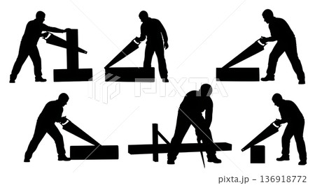 Black Solid Woodworker Hand Saw Silhouettes Set of Six on White Background 136918772