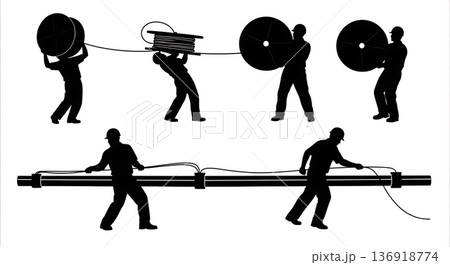 Black Solid Wire Pulling Electrician Silhouettes Set of Six on White Background 136918774