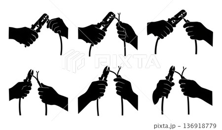 Black Solid Wire Stripping Action Silhouettes Set of Six on White Background Black Solid Wire Stripping Action Silhouettes Set of Six on White Background 136918779