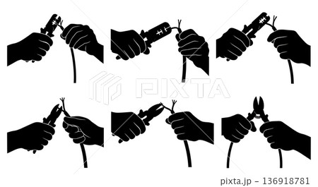Black Solid Wire Stripping Action Silhouettes Set of Six on White Background 136918781