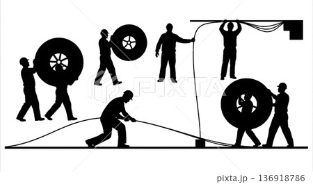 Black Solid Wire Pulling Electrician Silhouettes Set of Six on White Background Black Solid Wire Pulling Electrician Silhouettes Set of Six on White Background 136918786