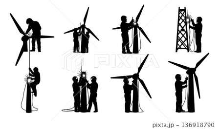 Black Solid Wind Turbine Welder Silhouettes Set of Six on White Background Black Solid Wind Turbine Welder Silhouettes Set of Six on White Background 136918790