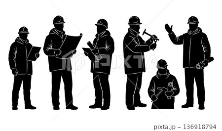 Black Solid Winter Engineer Silhouettes Set of Six on White Background 136918794