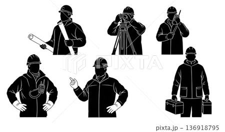 Black Solid Winter Engineer Silhouettes Set of Six on White Background Black Solid Winter Engineer Silhouettes Set of Six on White Background 136918795