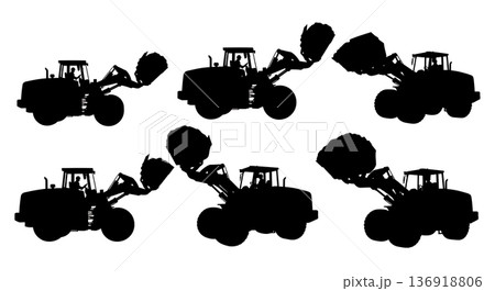 Black Solid Wheel Loader Lifting Silhouettes Set of Six on White Background Black Solid Wheel Loader Lifting Silhouettes Set of Six on White Background 136918806