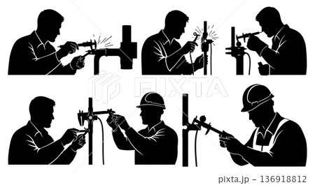 Black Solid Welding Inspector Silhouettes Set of Six on White Background Black Solid Welding Inspector Silhouettes Set of Six on White Background 136918812