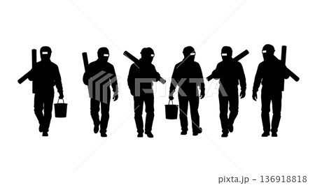 Black Solid Welder Walking With Tools Silhouettes Set of Six on White Background 136918818