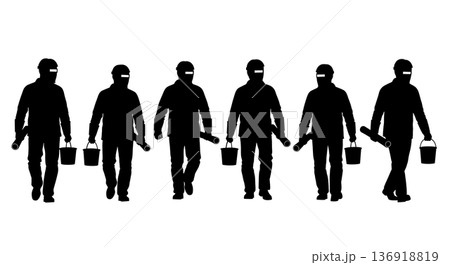Black Solid Welder Walking With Tools Silhouettes Set of Six on White Background 136918819