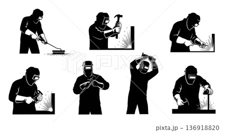 Black Solid Welder Wire Brush Cleaning Silhouettes Set of Six on White Background 136918820