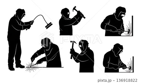 Black Solid Welder Wire Brush Cleaning Silhouettes Set of Six on White Background 136918822