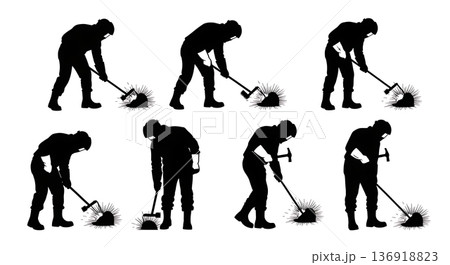 Black Solid Welder Wire Brush Cleaning Silhouettes Set of Six on White Background Black Solid Welder Wire Brush Cleaning Silhouettes Set of Six on White Background 136918823