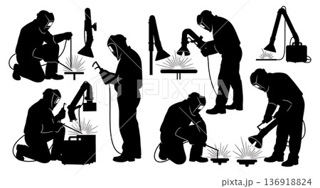Black Solid Welder Fume Extractor Silhouettes Set of Six on White Background 136918824
