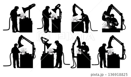 Black Solid Welder Fume Extractor Silhouettes Set of Six on White Background Black Solid Welder Fume Extractor Silhouettes Set of Six on White Background 136918825