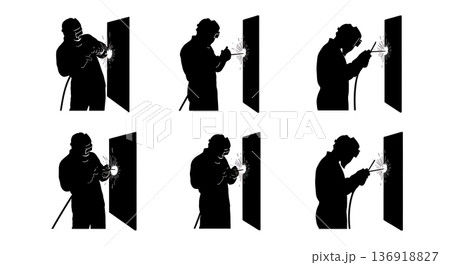 Black Solid Welder Vertical Position Silhouettes Set of Six on White Background 136918827