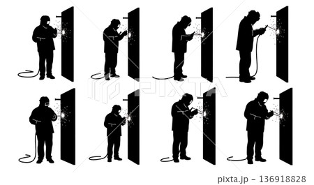 Black Solid Welder Vertical Position Silhouettes Set of Six on White Background Black Solid Welder Vertical Position Silhouettes Set of Six on White Background 136918828