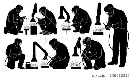 Black Solid Welder Fume Extractor Silhouettes Set of Six on White Background Black Solid Welder Fume Extractor Silhouettes Set of Six on White Background 136918835
