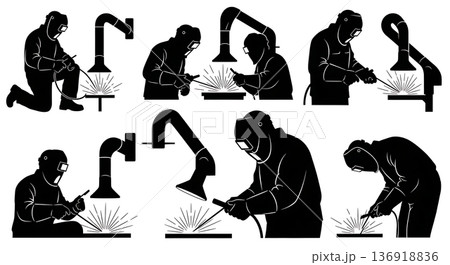 Black Solid Welder Fume Extractor Silhouettes Set of Six on White Background 136918836