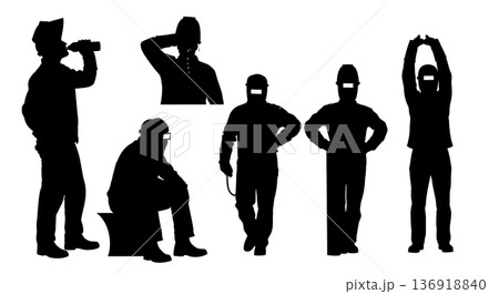 Black Solid Welder Taking Break Silhouettes Set of Six on White Background Black Solid Welder Taking Break Silhouettes Set of Six on White Background 136918840