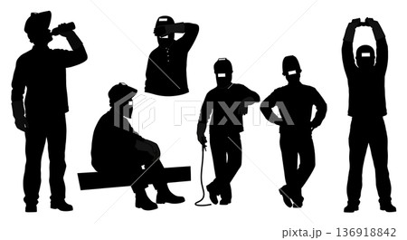 Black Solid Welder Taking Break Silhouettes Set of Six on White Background 136918842