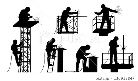 Black Solid Welder Safety Curtain Silhouettes Set of Six on White Background 136918847