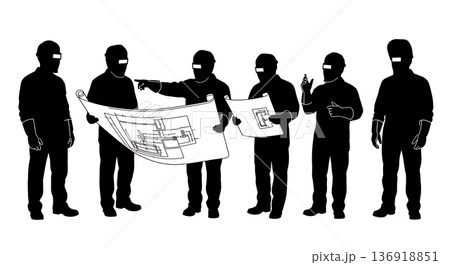 Black Solid Welder Reviewing Blueprints Silhouettes Set of Six on White Background Black Solid Welder Reviewing Blueprints Silhouettes Set of Six on White Background 136918851