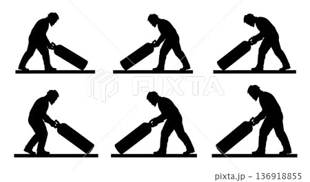 Black Solid Welder Rolling Gas Cylinders Silhouettes Set of Six on White Background 136918855