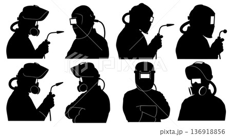 Black Solid Welder PAPR Helmet Silhouettes Set of Six on White Background Black Solid Welder PAPR Helmet Silhouettes Set of Six on White Background 136918856