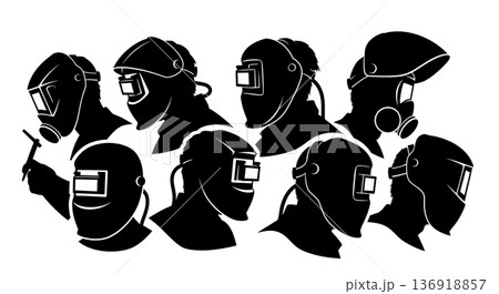 Black Solid Welder PAPR Helmet Silhouettes Set of Six on White Background 136918857