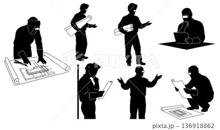 Black Solid Welder Reviewing Blueprints Silhouettes Set of Six on White Background 136918862