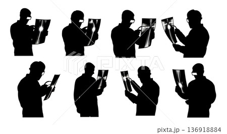 Black Solid Welder NDT Inspection Silhouettes Set of Six on White Background Black Solid Welder NDT Inspection Silhouettes Set of Six on White Background 136918884