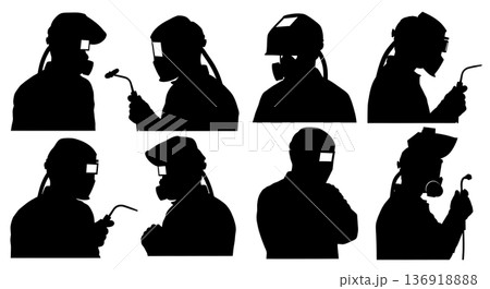 Black Solid Welder PAPR Helmet Silhouettes Set of Six on White Background 136918888