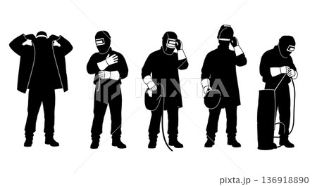 Black Solid Welder Dressing Protective Gear Silhouettes Set of Six on White Background 136918890