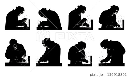 Black Solid Welder Grinding and Inspecting Silhouettes Set of Six on White Background 136918891