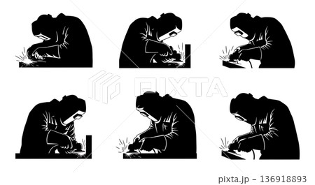 Black Solid Welder Grinding and Inspecting Silhouettes Set of Six on White Background Black Solid Welder Grinding and Inspecting Silhouettes Set of Six on White Background 136918893