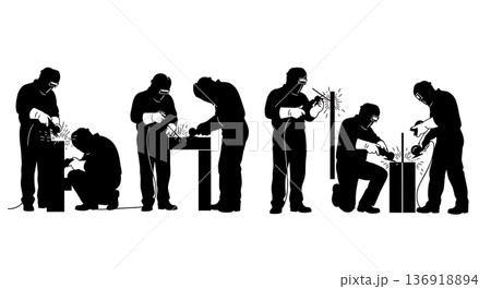 Black Solid Welder Grinding and Inspecting Silhouettes Set of Six on White Background 136918894